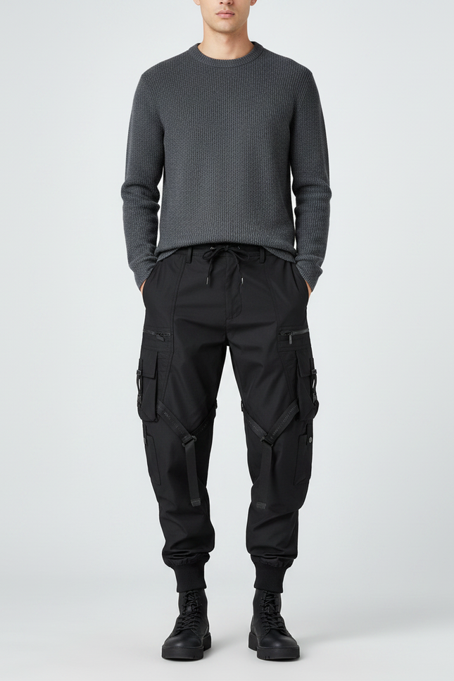 Pantalon Parachute Noir Cargo Tactique Multipoches Homme - Polyester