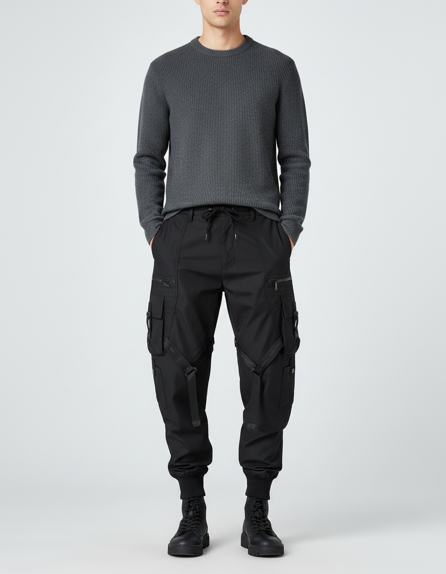 Pantalon Parachute Noir Cargo Tactique Multipoches Homme - Polyester