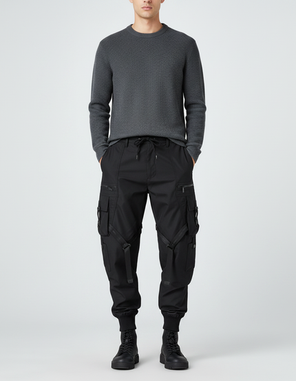 Pantalon Parachute Noir Cargo Tactique Multipoches Homme - Polyester