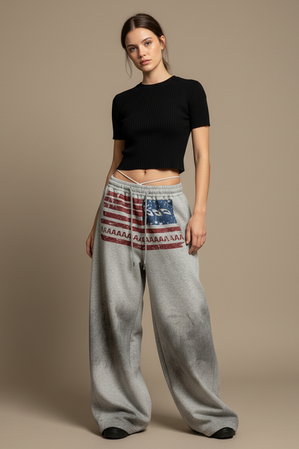 Pantalon Parachute Gris Ample Drapeau Américain Coton