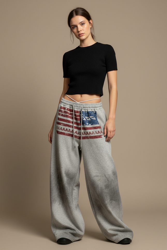 Pantalon Parachute Gris Ample Drapeau Américain Coton