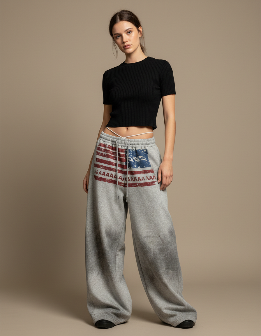 Pantalon Parachute Gris Ample Drapeau Américain Coton