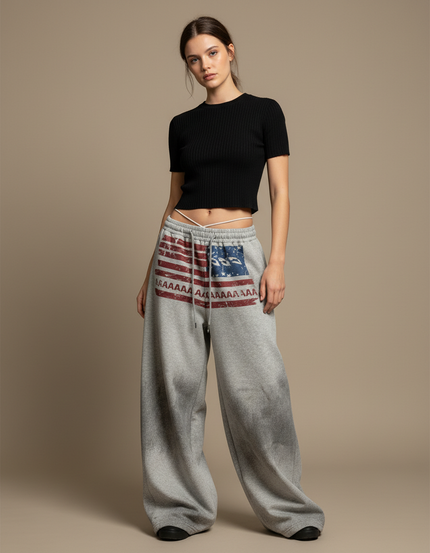 Pantalon Parachute Gris Ample Drapeau Américain Coton