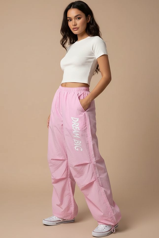 Pantalon Parachute Rose Ample Fluide Imprimé Décontracté - Polyester
