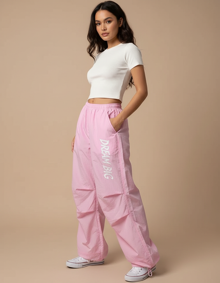 Pantalon Parachute Rose Ample Fluide Imprimé Décontracté - Polyester