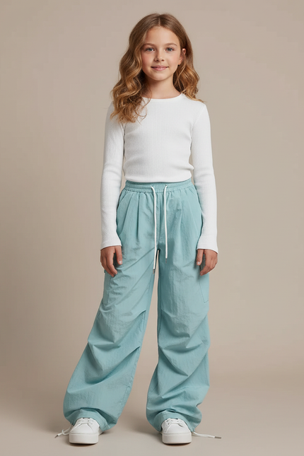 Pantalon Parachute Bleu Ciel Ample Fluide Cordon Enfant - Polyester