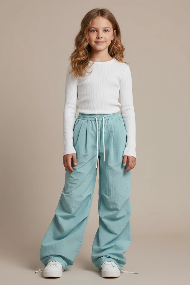 Pantalon Parachute Bleu Ciel Ample Fluide Cordon Enfant - Polyester