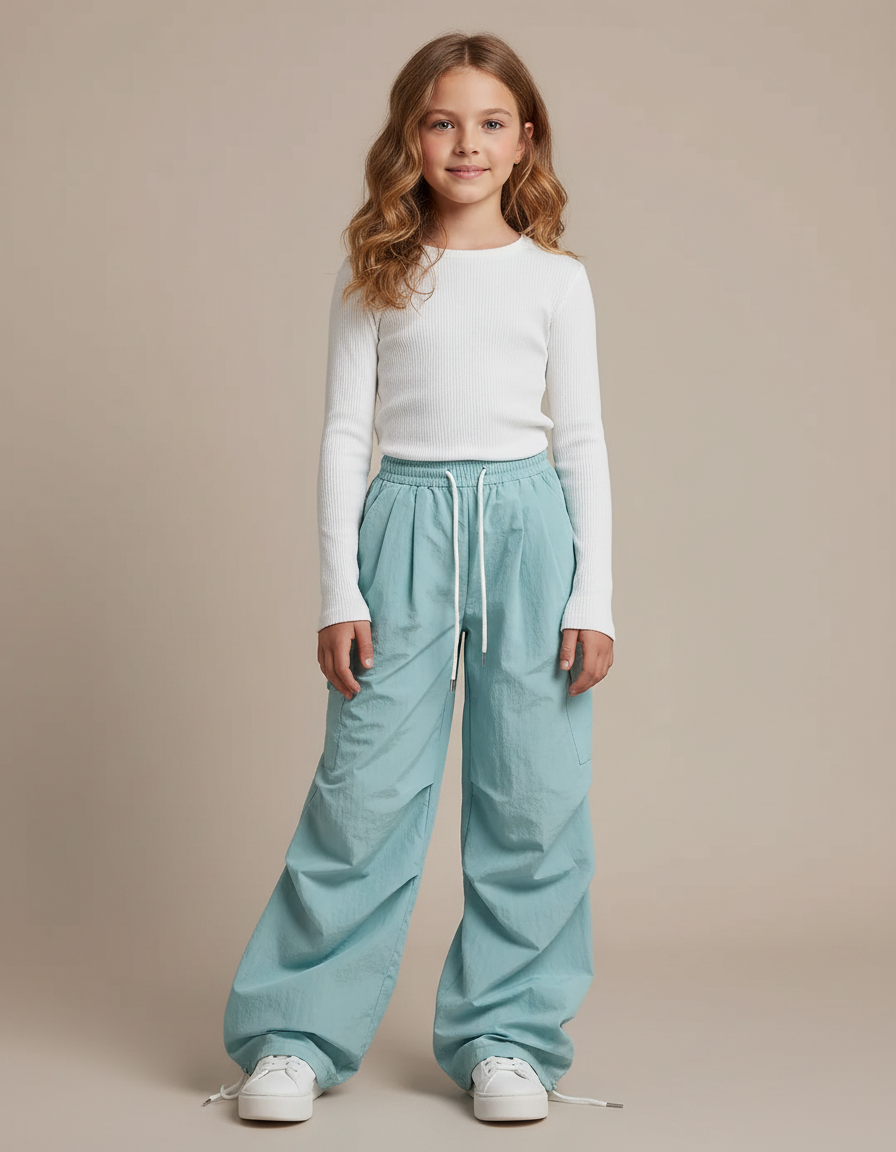 Pantalon Parachute Bleu Ciel Ample Fluide Cordon Enfant - Polyester