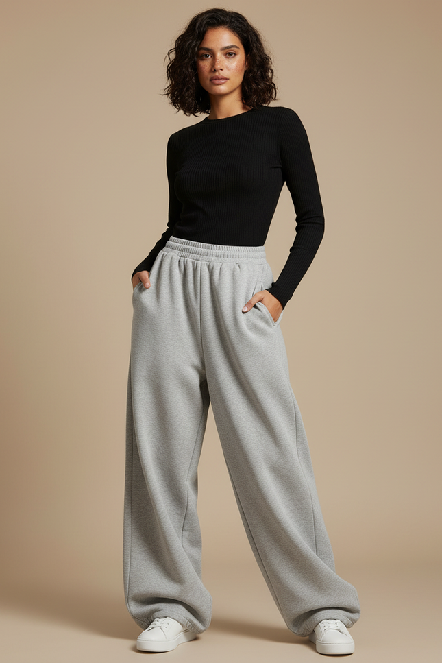 Pantalon Parachute Gris Ample Décontracté Confortable Femme - Molleton