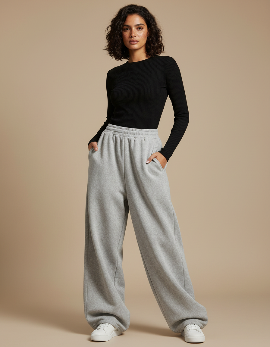 Pantalon Parachute Gris Ample Décontracté Confortable Femme - Molleton