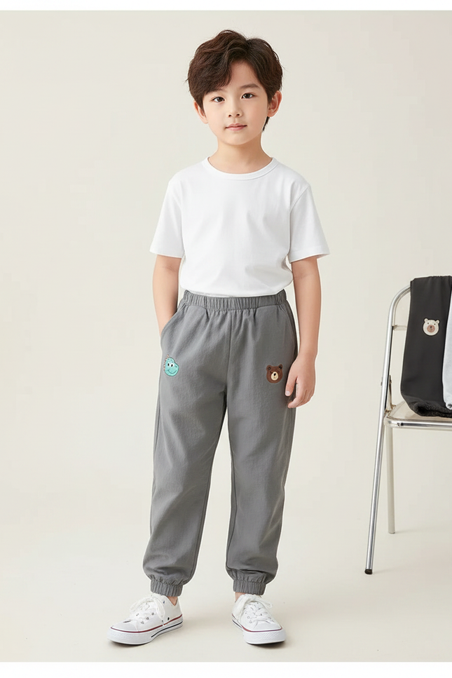 Pantalon Parachute Gris Ample Brodé Coton Enfant - Molleton