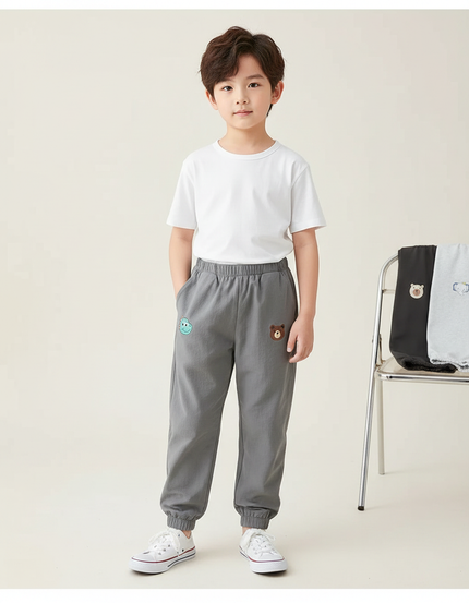 Pantalon Parachute Gris Ample Brodé Coton Enfant - Molleton