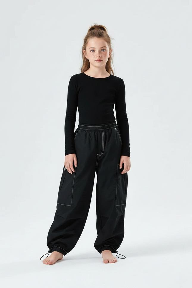 Pantalon Parachute Noir Cargo Ample Fille Décontracté - Polyester