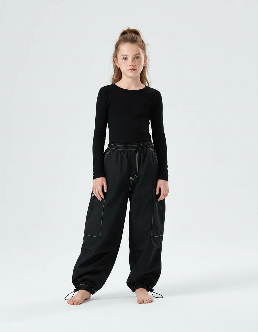 Pantalon Parachute Noir Cargo Ample Fille Décontracté - Polyester