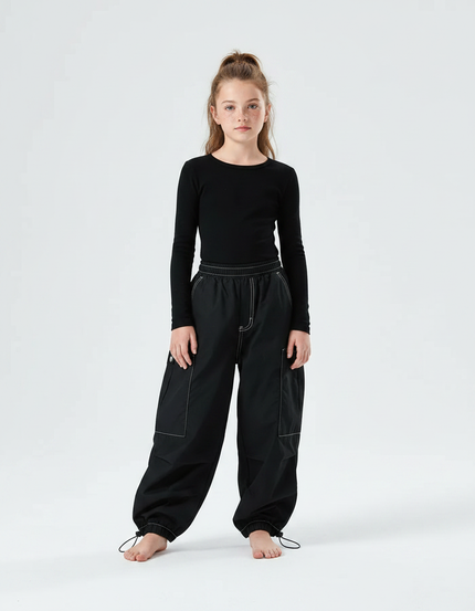 Pantalon Parachute Noir Cargo Ample Fille Décontracté - Polyester