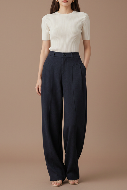 Pantalon Parachute Bleu Marine Ample Taille Haute Élégant - Laine
