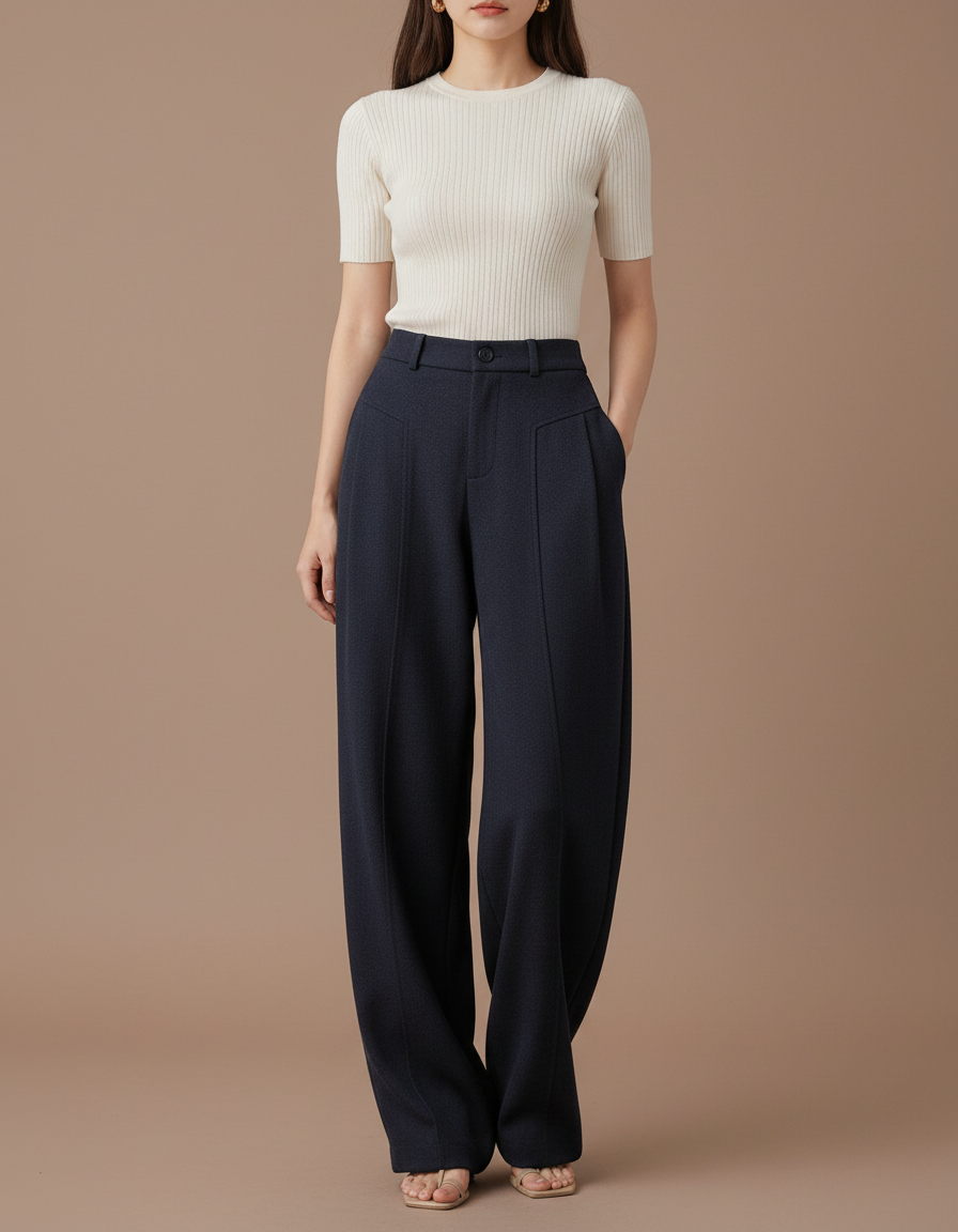 Pantalon Parachute Bleu Marine Ample Taille Haute Élégant - Laine