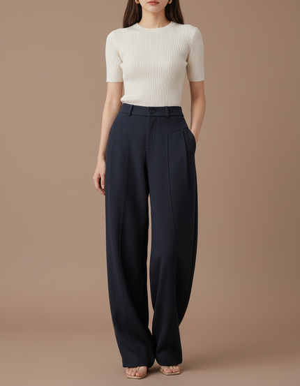 Pantalon Parachute Bleu Marine Ample Taille Haute Élégant - Laine