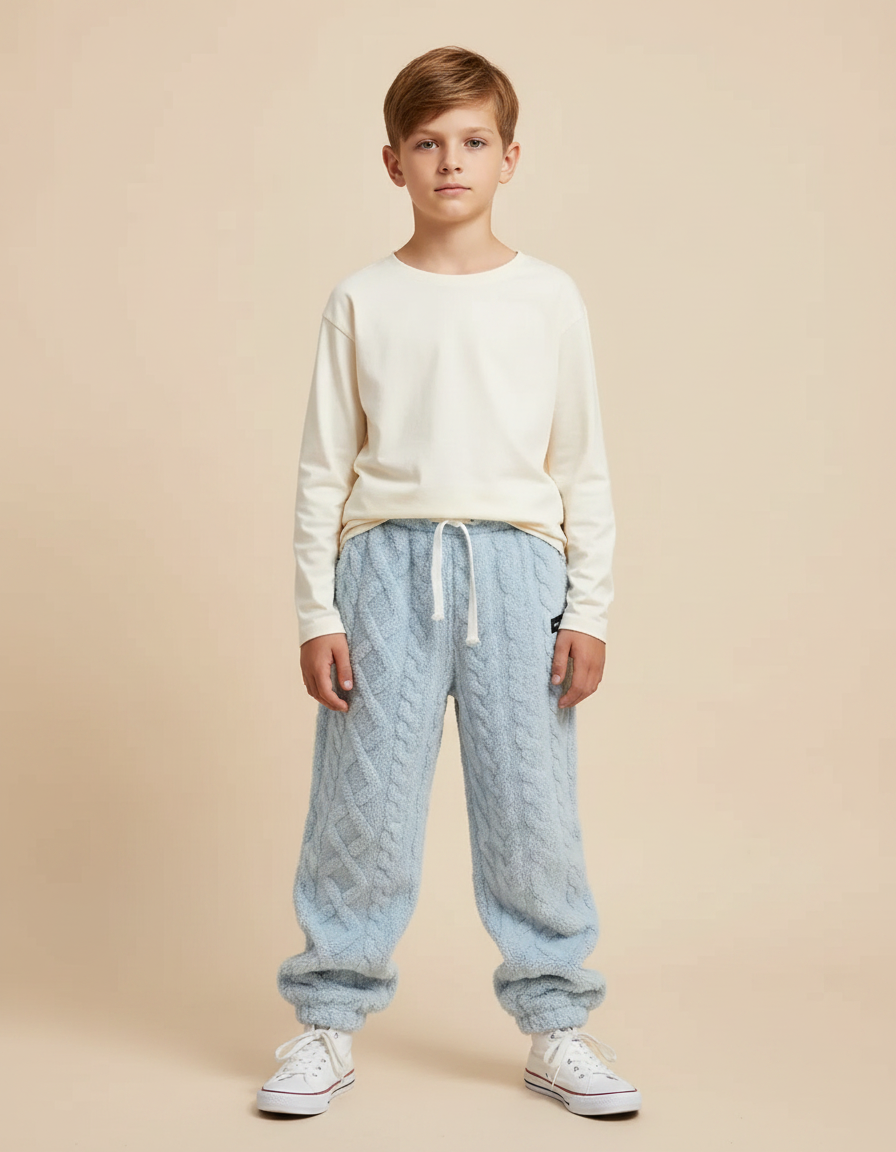 Pantalon Parachute Bleu Ciel Molleton Tricoté Ample Enfant