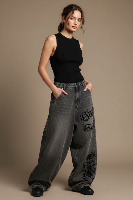 Pantalon Parachute Gris Délavé Ample Skateboard Crânes Gothique - Jean