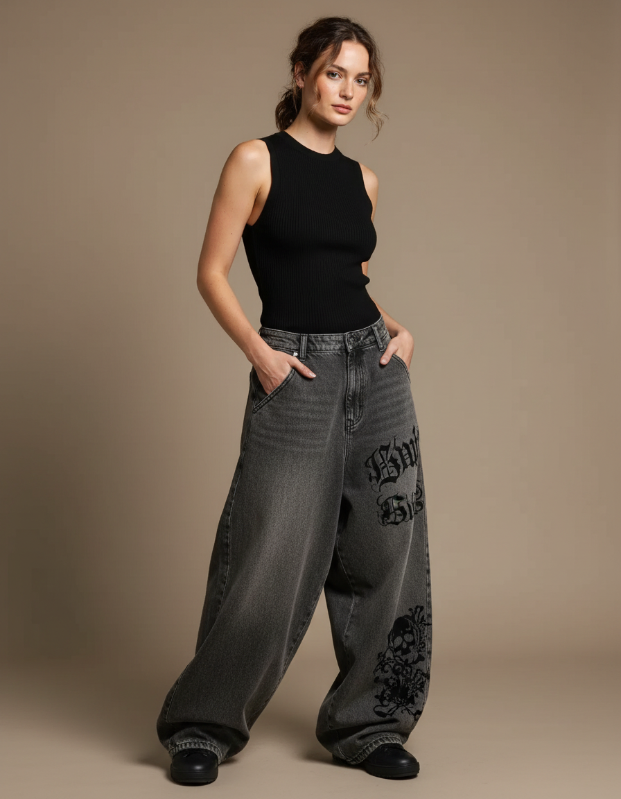 Pantalon Parachute Gris Délavé Ample Skateboard Crânes Gothique - Jean