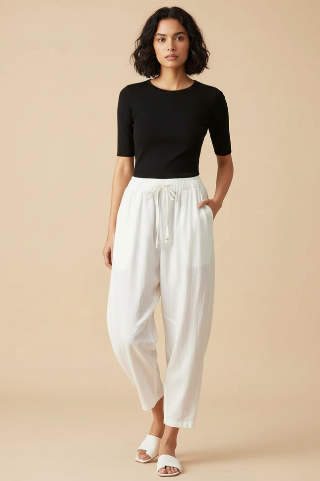 Pantalon Parachute Blanc Lin Ample Taille Haute Femme