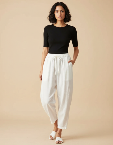 Pantalon Parachute Blanc Lin Ample Taille Haute Femme