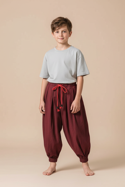 Pantalon Parachute Bordeaux Ample Cordon Décontracté - Lin