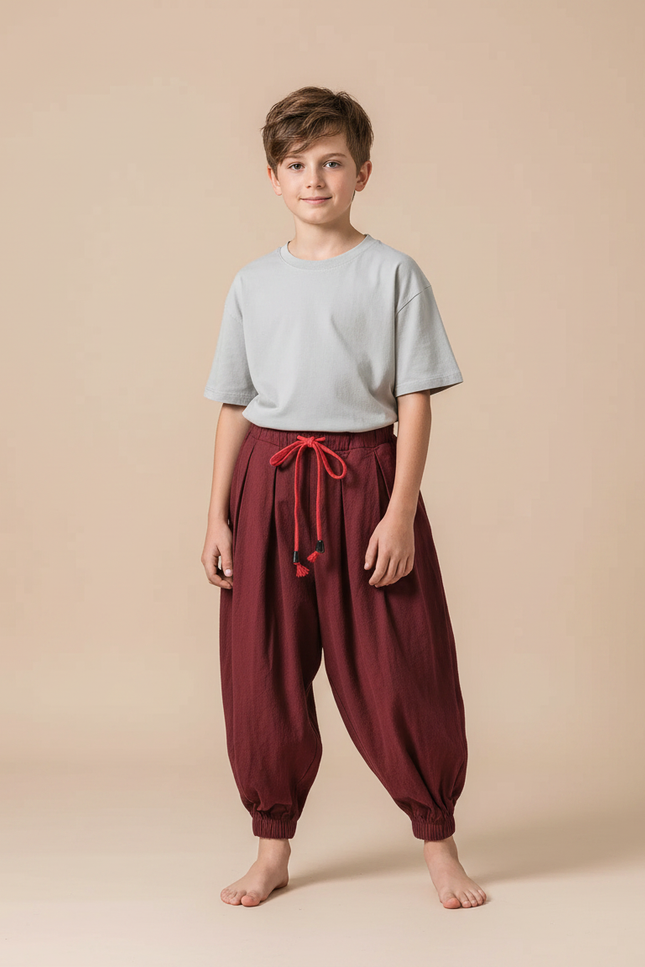 Pantalon Parachute Bordeaux Ample Cordon Décontracté - Lin