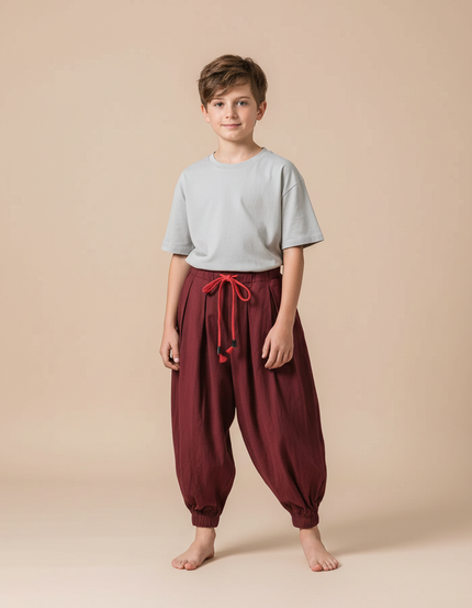 Pantalon Parachute Bordeaux Ample Cordon Décontracté - Lin