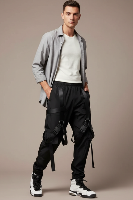 Pantalon Parachute Noir Cargo Tactique Rubans Homme - Polyester