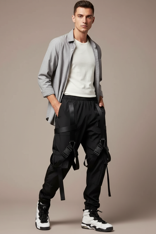 Pantalon Parachute Noir Cargo Tactique Rubans Homme - Polyester
