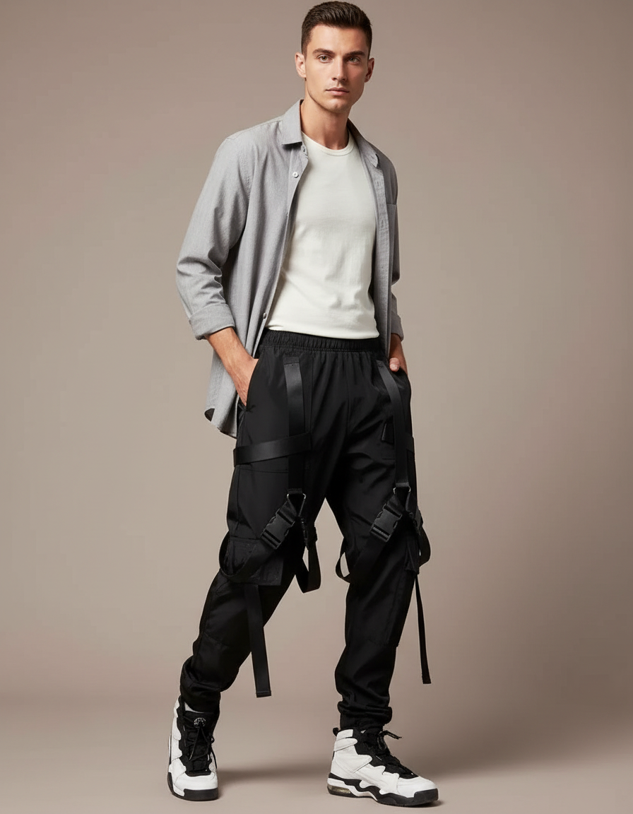 Pantalon Parachute Noir Cargo Tactique Rubans Homme - Polyester