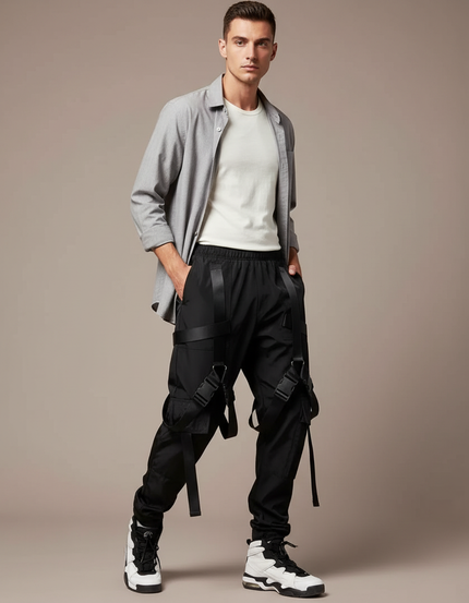 Pantalon Parachute Noir Cargo Tactique Rubans Homme - Polyester