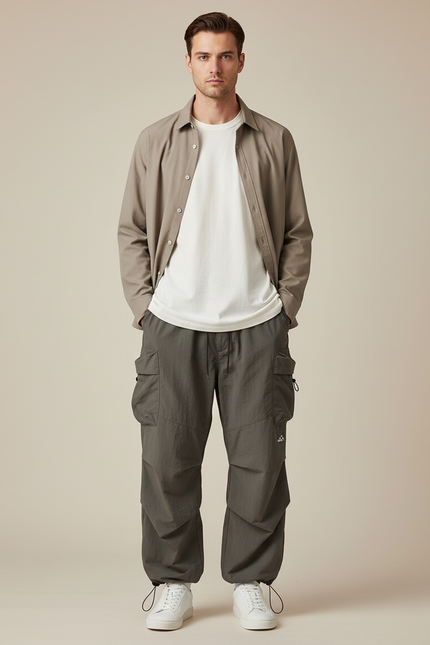 Pantalon Parachute Gris Homme - Kaki Polyester