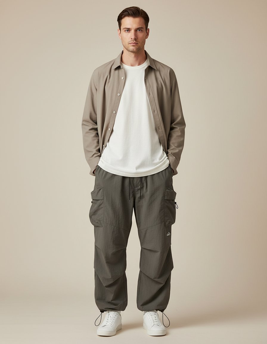 Pantalon Parachute Gris Homme - Kaki Polyester