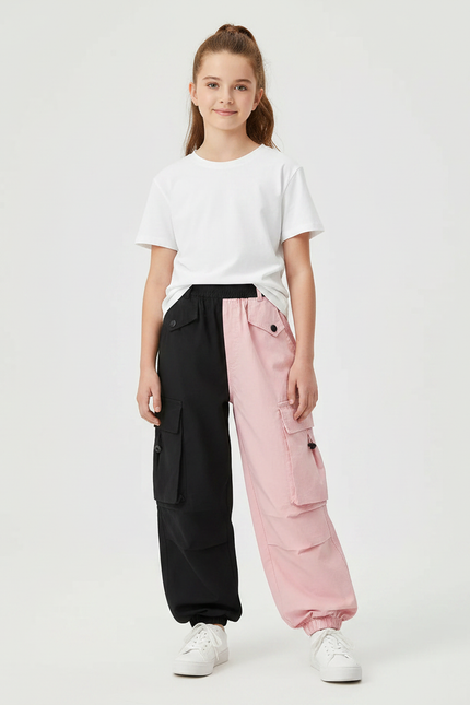 Pantalon Parachute Bicolore Noir Rose Cargo Ample - Multicolore Toile