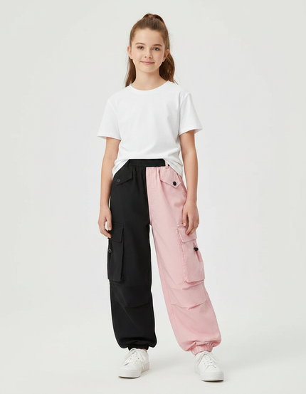Pantalon Parachute Bicolore Noir Rose Cargo Ample - Multicolore Toile
