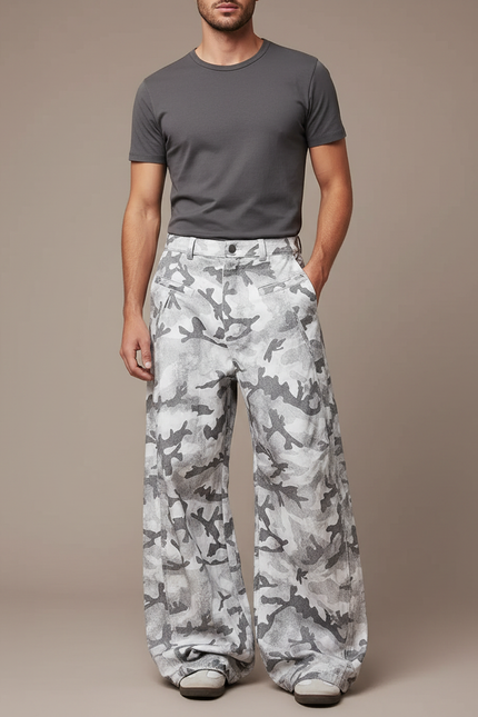 Pantalon Parachute Camouflage Gris Ample Homme Décontracté - Imprimé Coton