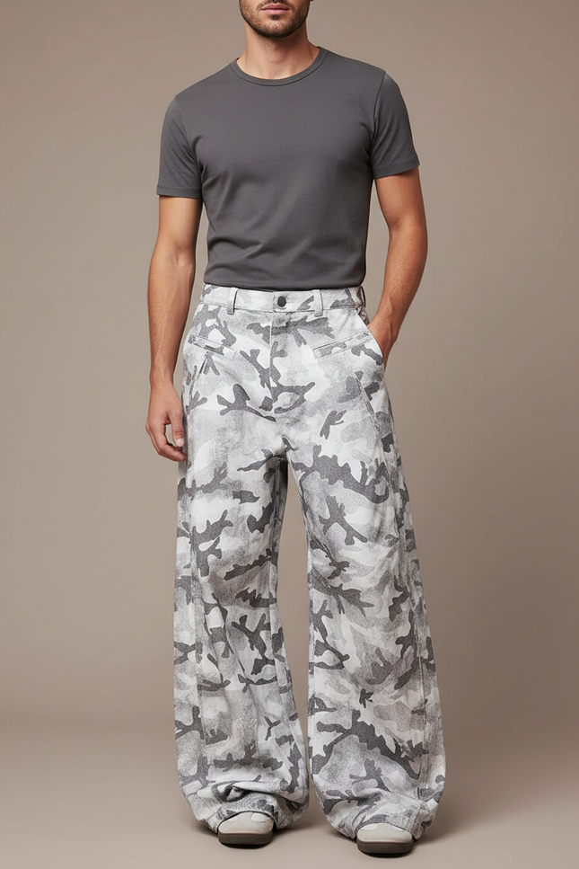 Pantalon Parachute Camouflage Gris Ample Homme Décontracté - Imprimé Coton