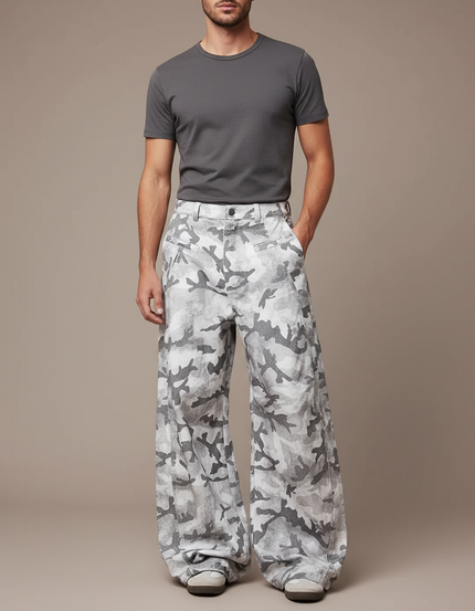 Pantalon Parachute Camouflage Gris Ample Homme Décontracté - Imprimé Coton