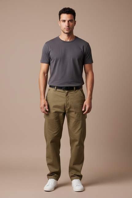 Pantalon Parachute Kaki Ample Coton Décontracté Multipoches Homme - Gabardine