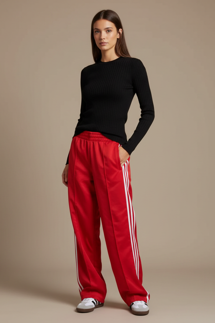 Pantalon Parachute Rouge Large Rayures Blanches Sport - Polyester