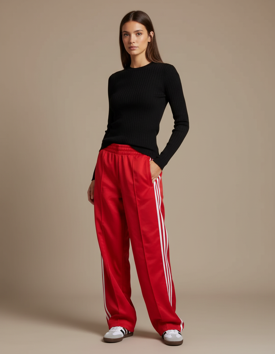 Pantalon Parachute Rouge Large Rayures Blanches Sport - Polyester