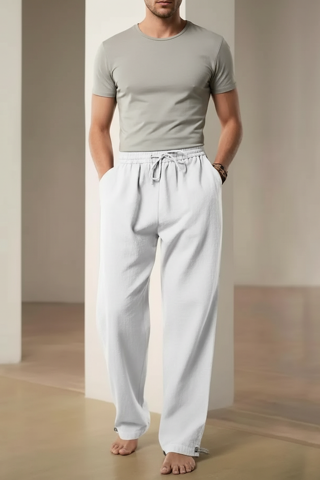 Pantalon Parachute Blanc Coton Lin Ample Sport Décontracté
