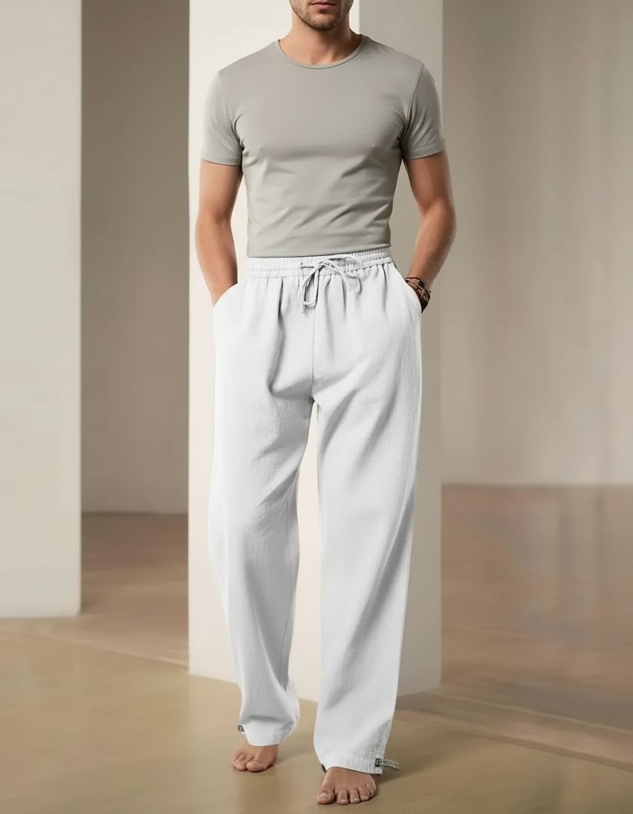 Pantalon Parachute Blanc Coton Lin Ample Sport Décontracté