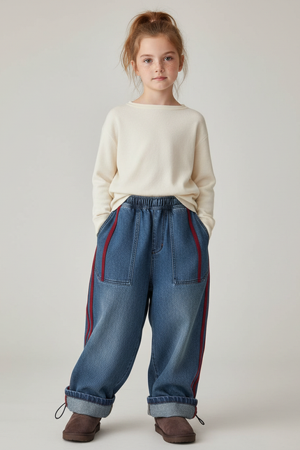 Pantalon Parachute Denim Ample Rayures Rouge Fille - Bleu Jean