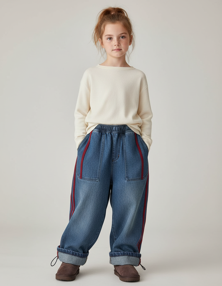Pantalon Parachute Denim Ample Rayures Rouge Fille - Bleu Jean