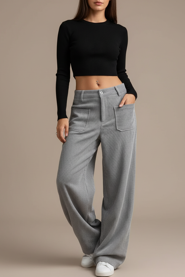 Pantalon Parachute Gris Côtelé Ample Décontracté Femme - Cordé