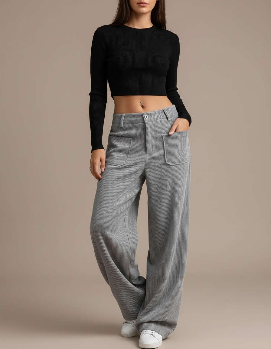 Pantalon Parachute Gris Côtelé Ample Décontracté Femme - Cordé